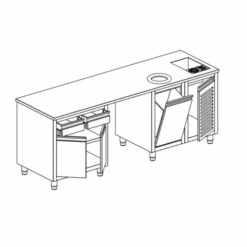 Με 2 πόρτες, 2 συρτάρια, 1 αμπάρι, ρίνσερ, & κενό για ψυγείο